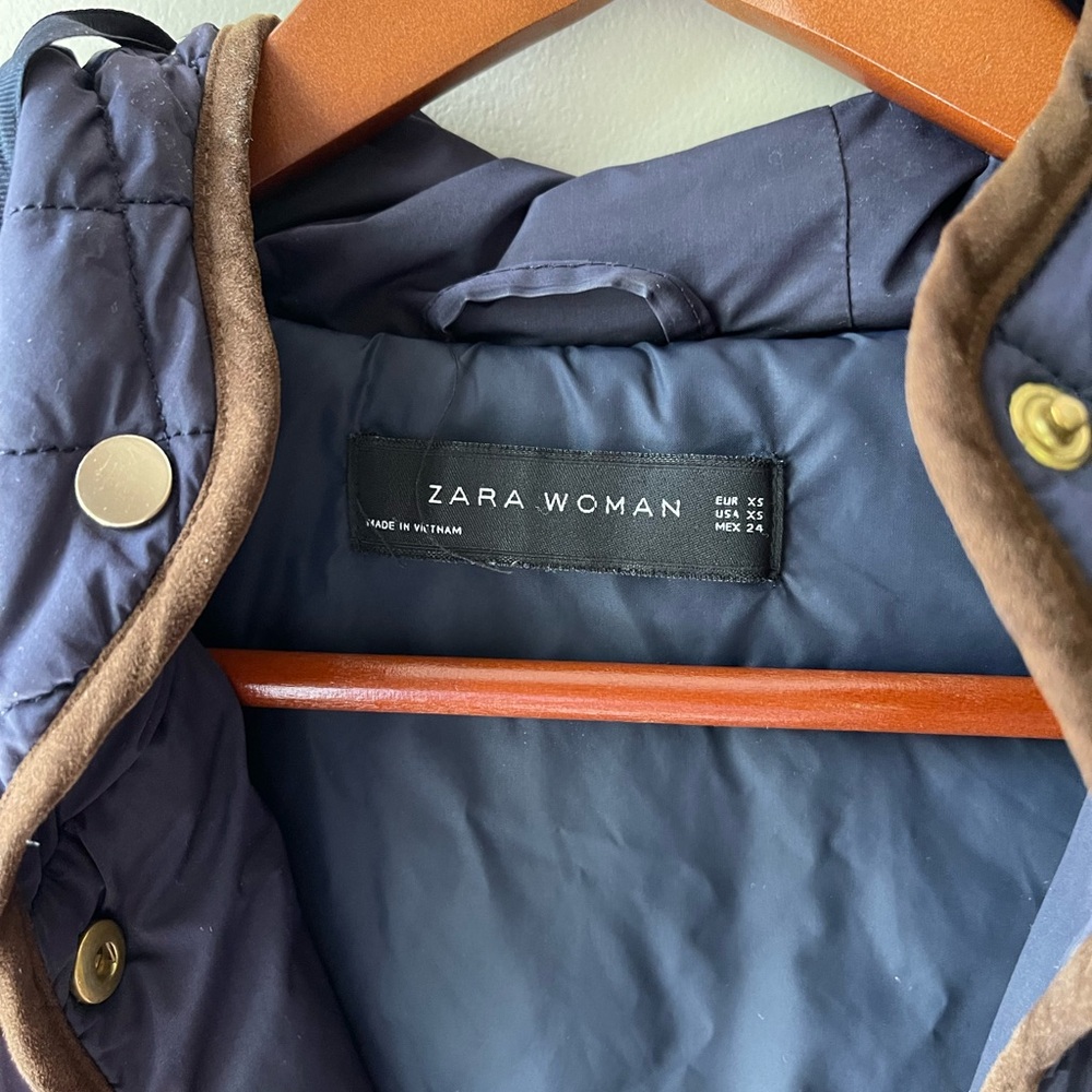 Zara Navy Blue Puffer Long Hooded Coat Puffer Jacket XS - Picture 2 of 4